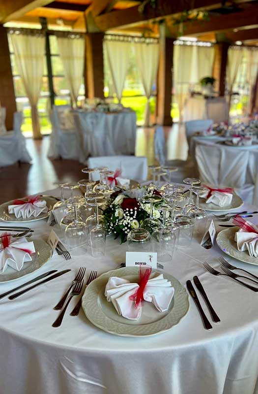 Allestimento tavoli e mise en place raffinata per matrimoni ed eventi nel parco dell'Agriturismo Villa Ione a Vetralla.